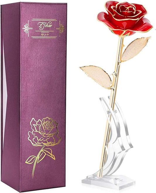 24K Red Rose Gold Leaf Christmas Her, Eternal Preserved Long Stem Rose with Golden Leaf, Valentine'S Day, Wedding Anniversary, Birthday, Graduation, Mother'S Day (Red Gold