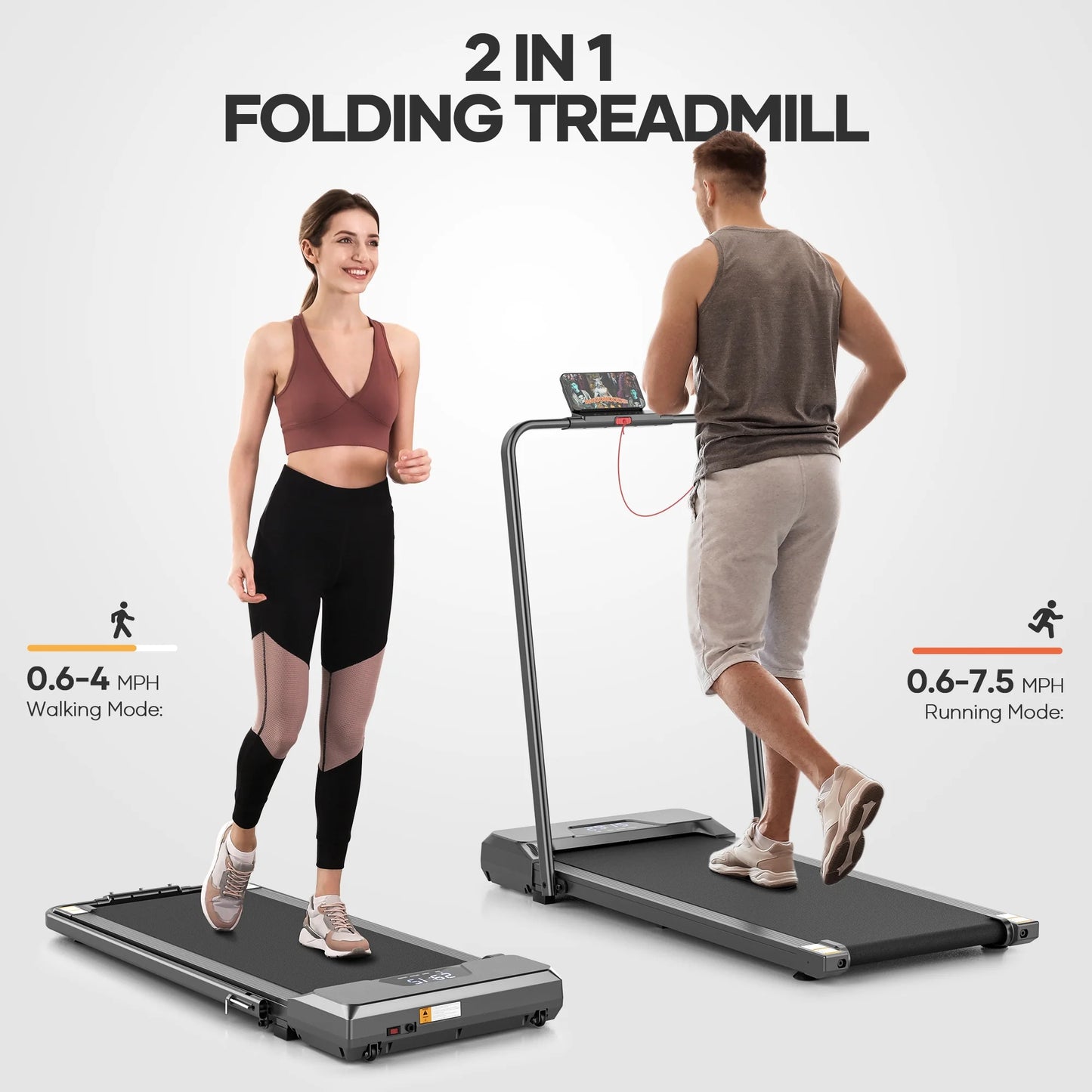 Treadmill 2 in 1 Walking Pad Treadmill Folding 7.5 Mph Running under Desk Treadmill with Remote Control and LED Display for Home Office Use